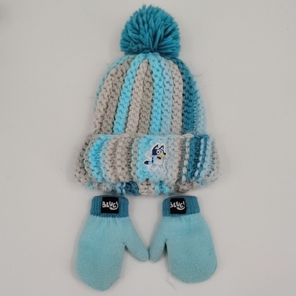 Bluey Striped Knit Hat and Mittens Set - Blue and Cream 2T - 5T